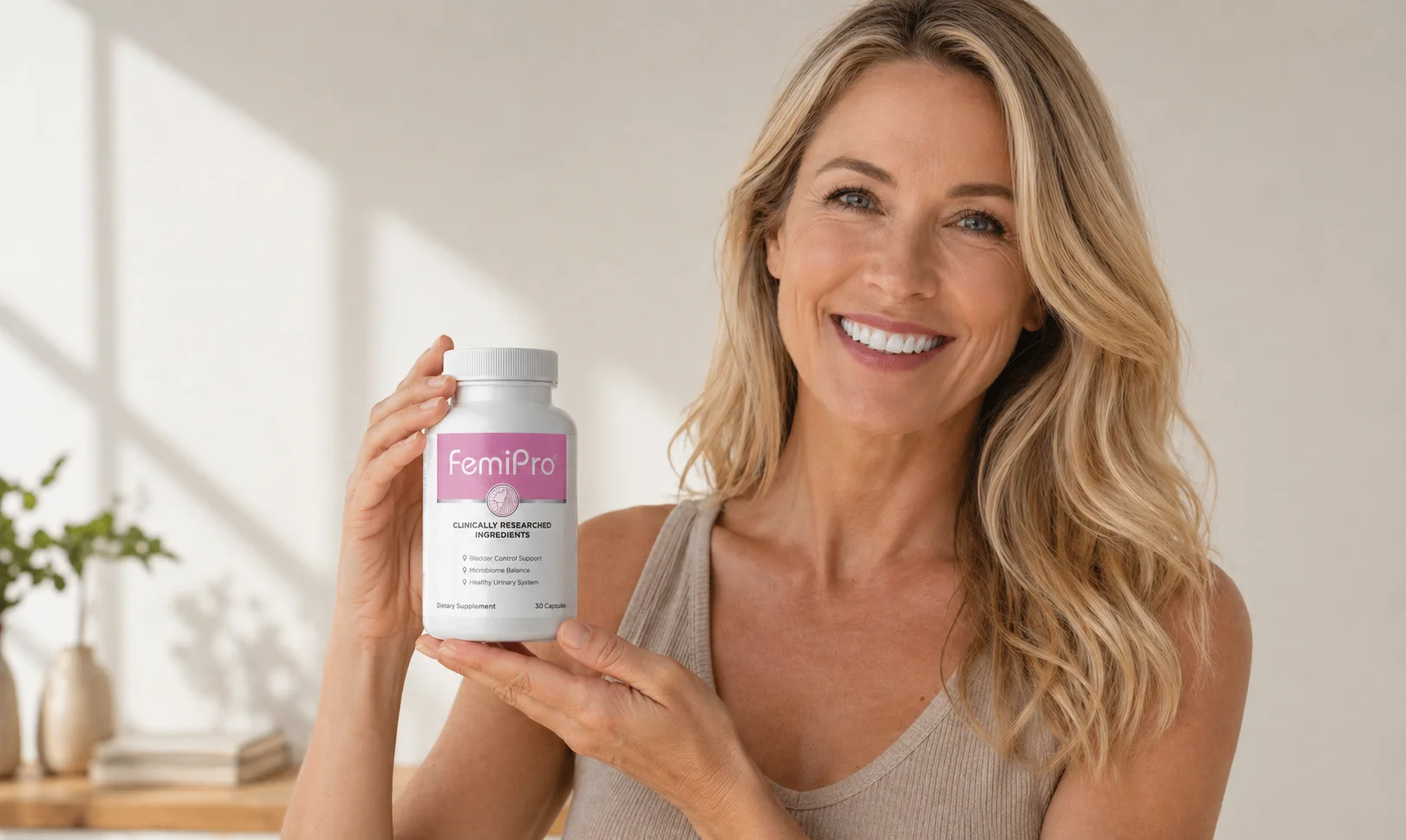 Woman holding FemiPro supplement