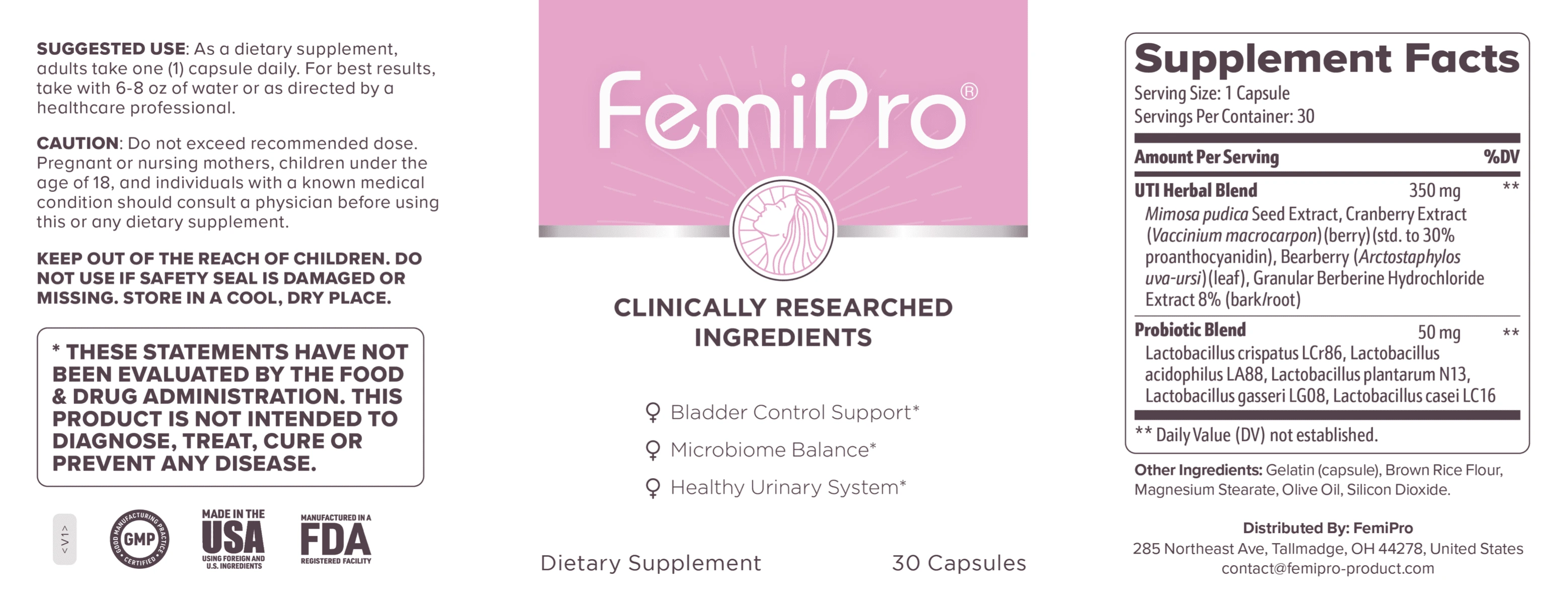 FemiPro supplement facts label – full ingredients UTI herbal blend and probiotic blend