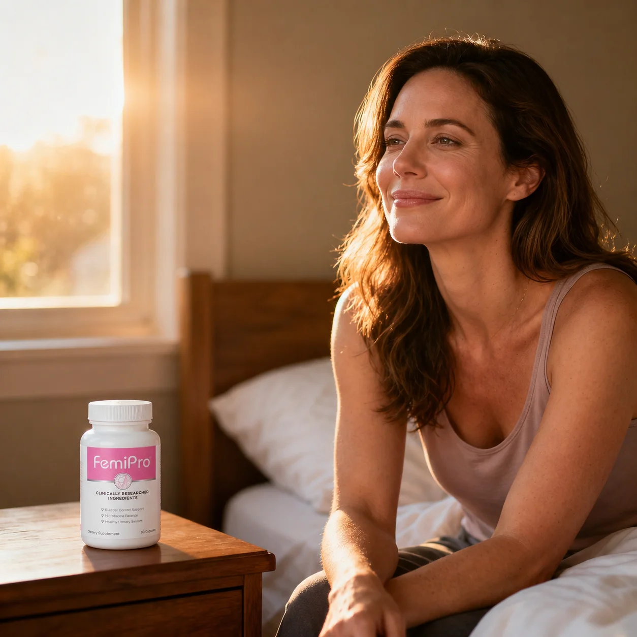 Woman feeling confident after FemiPro – natural bladder and urinary balance